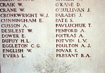 Bert Arthur Presant name on the Menin Gate, Ypres, Belgium who was killed in action with the Canadian Army in World War I